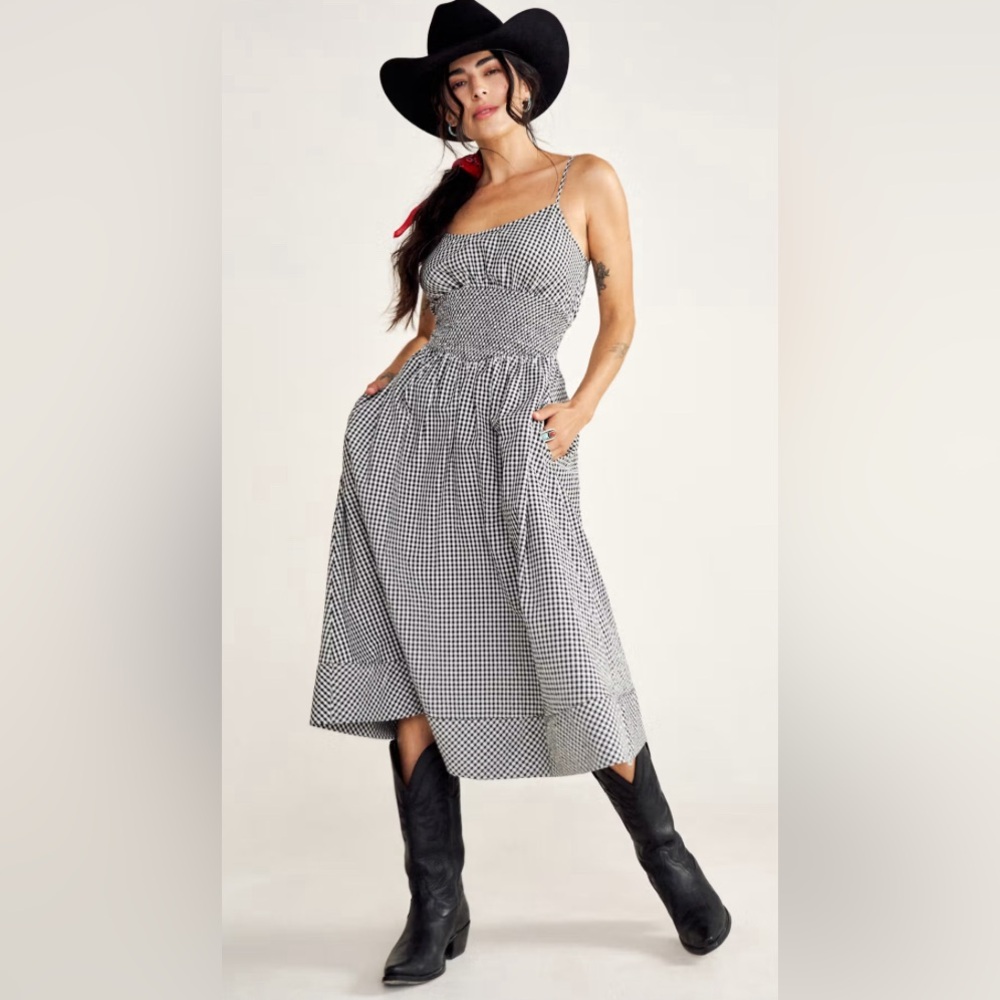 Tecovas Black and White Checkered Midi Dress